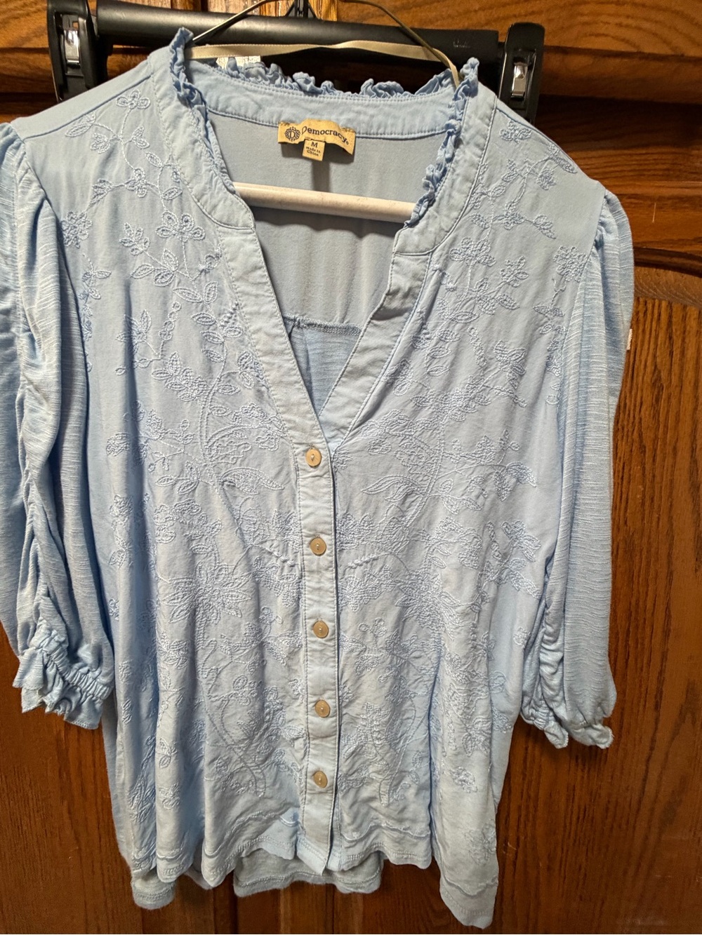 Democracy Light Blue Embroidered Button-Front Blouse